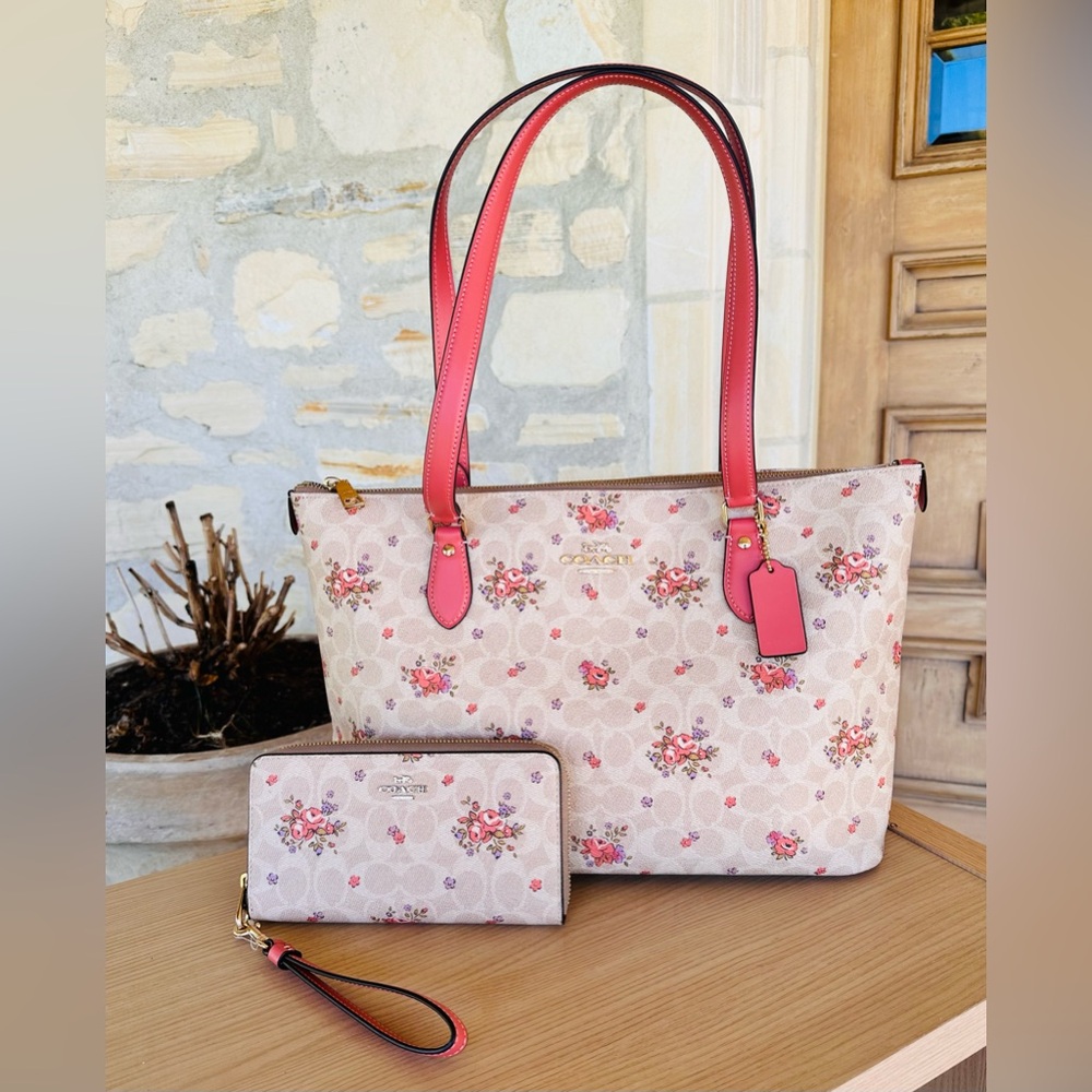 Coach Cream and Pink Floral Tote Bag